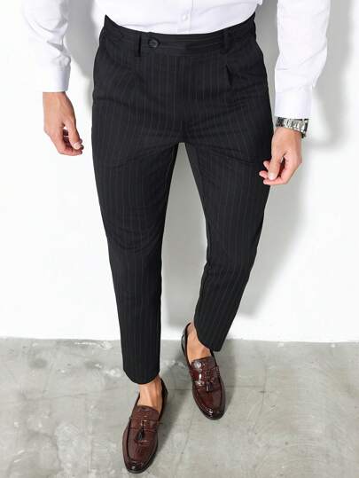 Manfinity Bizformal Men's Business Casual Wear For Commuting, Featuring Stylish Black Vertical Striped Tapered Suit Pants. This Piece Is A Great Gift Idea For Boyfriends Or Husbands. Men's Striped Pleated Straight-Leg Casual Dress Pants , Men Dress Pants , Men Formal Pants , Men Suit Pants