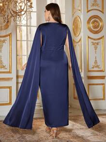 Modelyn 大码女式水钻饰边褶饰 V 领连衣裙 - 藏蓝色 - 查看 5