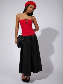 COSMINA Women's Color Block Bow Decor Dress - Red and Black - View 4