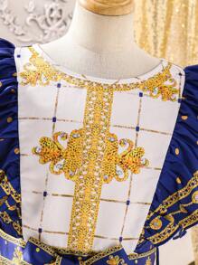 Vestido de mangas cortas con volantes y estampado geométrico tradicional para niña preadolescente, para usar en fiestas, festivales o Ramadán