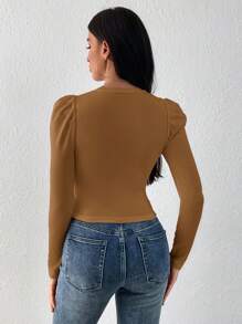 SHEIN Privé Women's Solid Round Neck Puff Sleeve Fitted T-Shirt - Khaki - View 2