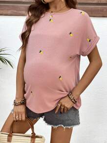 SHEIN 孕妇圆领短袖刺绣休闲上衣 - 粉色 - 查看 3