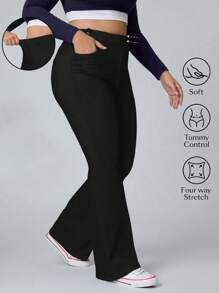 Flexra Celana Jeans Denim Model Flare Rajut Elastis untuk Wanita Ukuran Plus, Modis dan Melangsingkan - Hitam - View 1