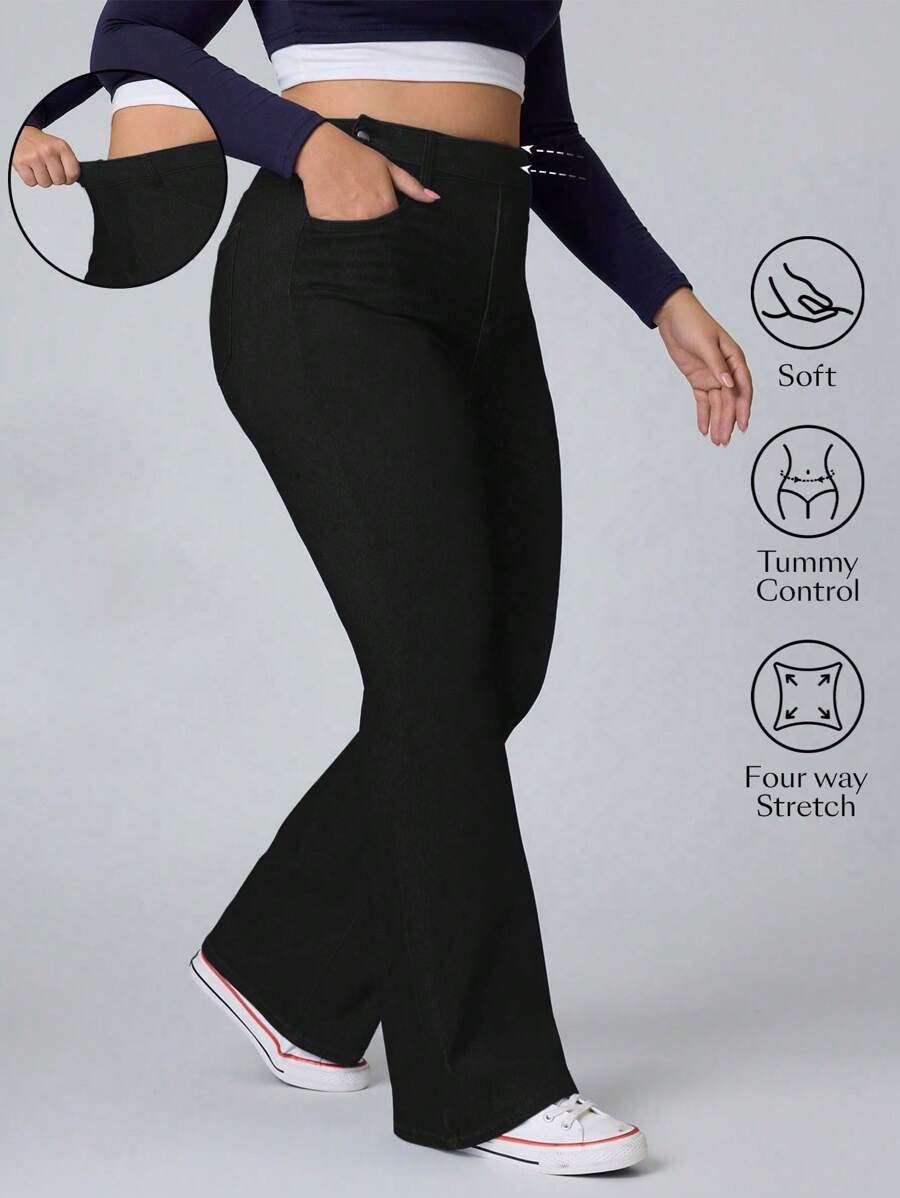 Flexra Celana Jeans Denim Model Flare Rajut Elastis untuk Wanita Ukuran Plus, Modis dan Melangsingkan - Hitam - View 1