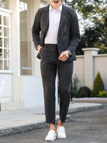 Manfinity Bizformal 男士条纹双排扣西装外套和西裤套装，商务/通勤装 - 黑色 - 查看 4