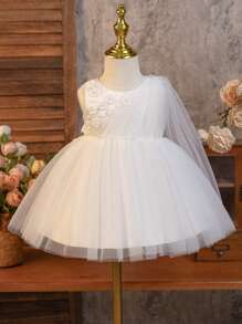 SHEIN Glamorique Kids 女婴白色婚礼花童礼服，缎面网眼 3D 花卉刺绣珍珠装饰派对礼服 - 米色 - 查看 8