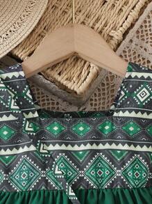 SHEIN 2pcs/Set Gaun Bayi Perempuan Warna Hijau Tua Motif Geometris Retro Lengan Mengembang Leher Persegi, Pakaian Liburan Musim Panas Gaya Boho Putri dengan Resleting Tersembunyi - Hijau - View 7