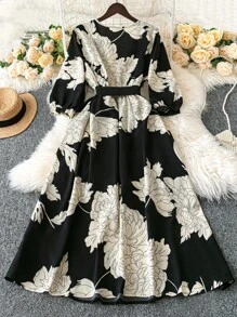 DreamSkyne Court Retro  Plus Size Solid Color Print Cross Neck Short Sleeve Flowy Dress Wedding Day Wedding Guest