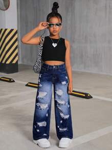 SHEIN Young Girl Y2K Blue Denim Wide Leg Loose Ripped Jeans,Kid Girls Spring And Summer Casual Vacation Wear,Kid Girls Multiple Cargo Pockets Street Cool Outfit