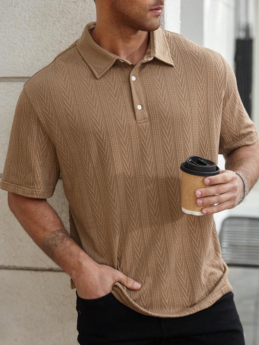 Manfinity CasualCool Men's Plus Size Solid Color Front Button Short Sleeve Casual Polo Shirt - Khaki - View 1