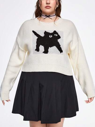 Kawaii Suéter de cuello redondo con hombros caídos y diseño de gato de dibujos animados para mujer de talla grande, otoño/invierno