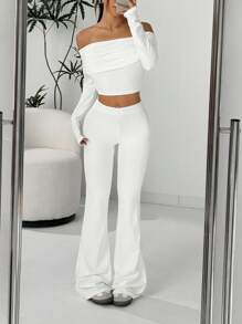Comfortcana 2pcs/Set Long Sleeve Low Waist Flared Pants, White - White - View 5