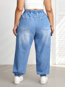 SHEIN CURVE+ Plus Size Women's Drawstring Open Pocket Side Workwear Jeans - Medium Wash - View 2