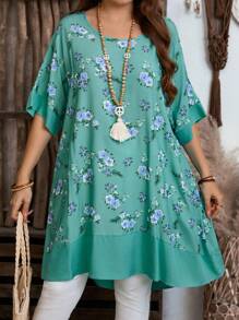 EMERY ROSE 大码女式花卉印花拼布长衬衫 - 薄荷綠 - 查看 5