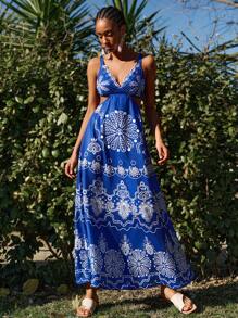 Travachic Women Casual Hollow-Out Wide Strap Long Dress - Blue - View 5