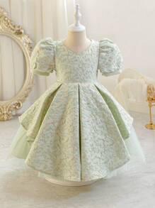 SHEIN Glamorique Kids Elegantes Sommerkleid im Partystil für Kleine Mädchen, mit Puffärmeln aus Jacquard-Gewebe, geeignet für den täglichen Gebrauch, Partys und Treffen, um die raffinierte und luxuriöse Eleganz von Mädchen zur Geltung zu bringen