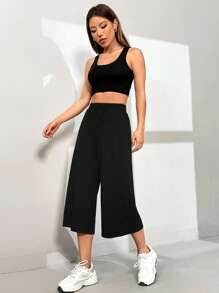 SHEIN EZwear 女士高腰宽松休闲黑色阔腿裤 - 黑色 - 查看 3