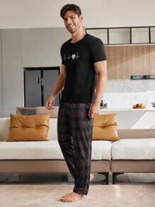 CoupledUp Men's Heart Print Short Sleeve Top And Pants Pajama Set, Boyfriend Gift