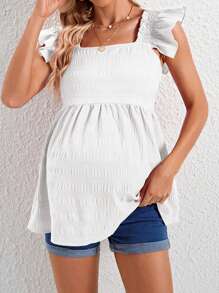 SHEIN Young Casual Ruffle Square Neck Loose Long Maternity Top - White - View 5