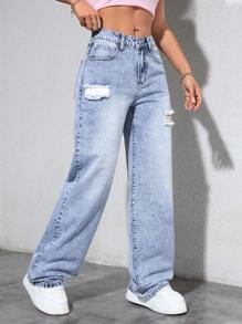 SHEIN PETITE Women's Front Button Pocket Ripped Casual Denim Jeans - Light Wash - View 6