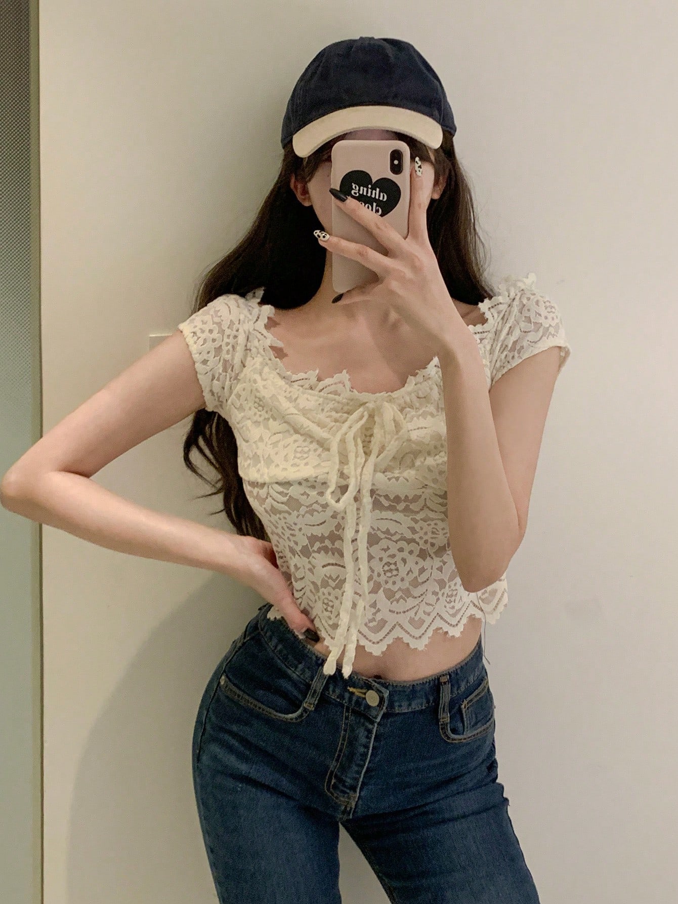 Women's Lace Round Neck Short Sleeve Fitted Cropped Cute Sexy Casual Summer Tie-Up Top Vacation