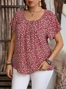 EMERY ROSE Blusa casual de manga corta con estampado floral todo sobre para mujer de talla grande, estilo bohemio para mujeres/verano, atuendos para vacaciones - Rojo - Ver 5