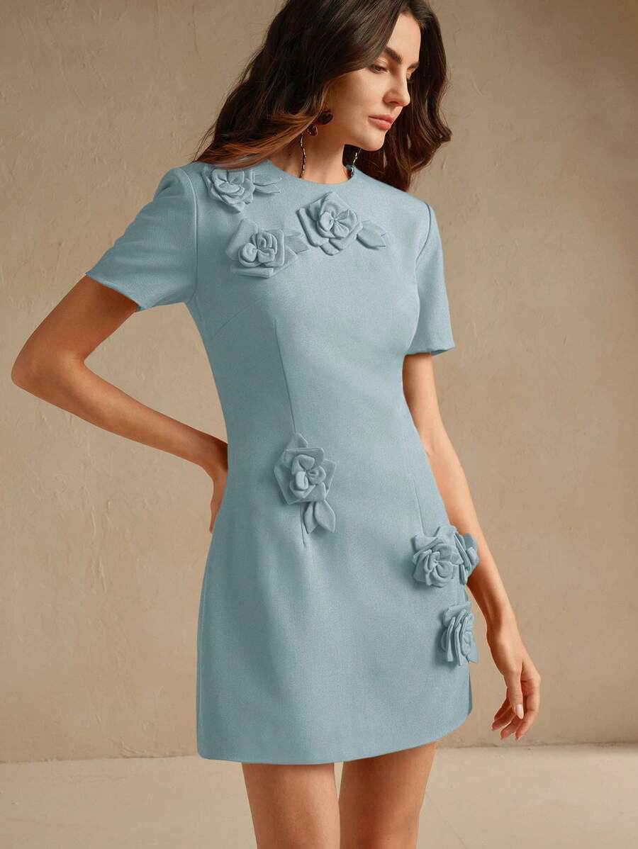 Anewsta 1 件女士优雅腰部红色短袖圣诞连衣裙，带有 3D 花卉装饰，适合新年衣服 - 藍色 - 查看 1