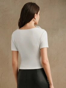 Anewsta Blusa elegante de cuello redondo con aplicaciones de flores 3D, pedrería y bordados florales, de corte slim, adecuada para el Día de San Valentín, vacaciones de verano y Año Nuevo