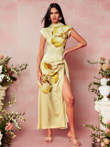 Oxana Designer Women's Light Yellow Large Floral Print Stand Collar Cap Sleeve Slim Fit Elegant Butter Yellow Top, Valentine's Day, Going Out, Festival - Multicolor - View 1