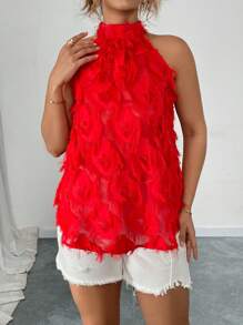 Celure Plus Size Solid Color Stand Collar Sleeveless Fringed Casual Camisole