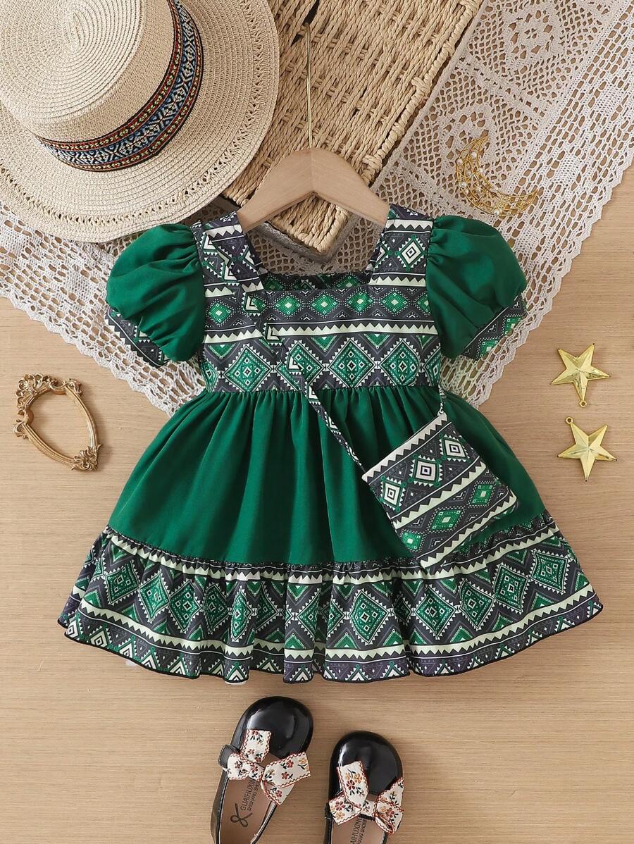 SHEIN 2pcs/Set Gaun Bayi Perempuan Warna Hijau Tua Motif Geometris Retro Lengan Mengembang Leher Persegi, Pakaian Liburan Musim Panas Gaya Boho Putri dengan Resleting Tersembunyi - Hijau - View 1