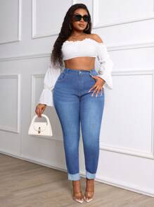 SHEIN CURVE+ Plus Size Women Stretchy Denim Skinny Jeans With Fold Hem - Medium Wash - View 4