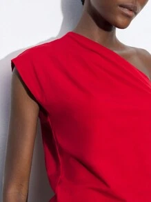 Maija 2025 Summer New Fashion Red Asymmetrical Cut Shoulder Ruched Design Women's Top, Casual Business Daily Commute Elegant Beach Holiday Wear, Suitable For Wedding Guest, Country Music Festival, Brunch, Airport