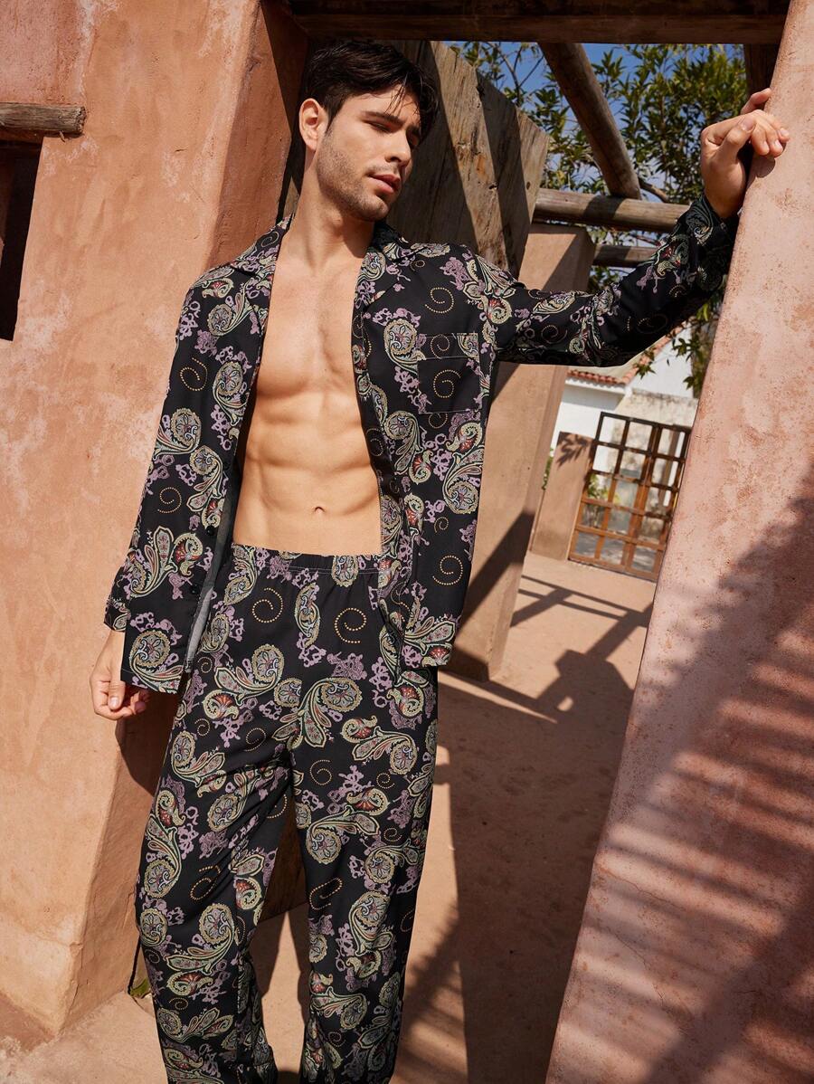 Manfinity Underwear&Sleepwear Basics Men 2pcs Casual Home Outfit Set With Paisley Print Long Sleeve Top And Pants - Violet Purple - View 1
