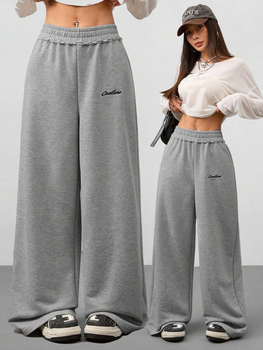 Coolane Women's Spring/Summer Vintage Going Out Ruffle Waistband New Style Grey Plaid Wide Grey Leg Pants - Grey - View 1