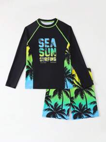 SHEIN Conjunto de 2 piezas de traje de baño para adolescentes niños, que incluye camiseta rash guard de manga larga con estampado de árbol de coco tropical y shorts de baño, adecuado para verano, playa, natación, vacaciones, surf, buceo - Multicolor - Ver 5