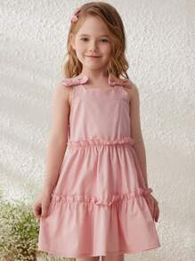 Blossori 年轻女孩法式优雅粉色蝴蝶结编织方领连衣裙，春夏 - 紅色 - 查看 1