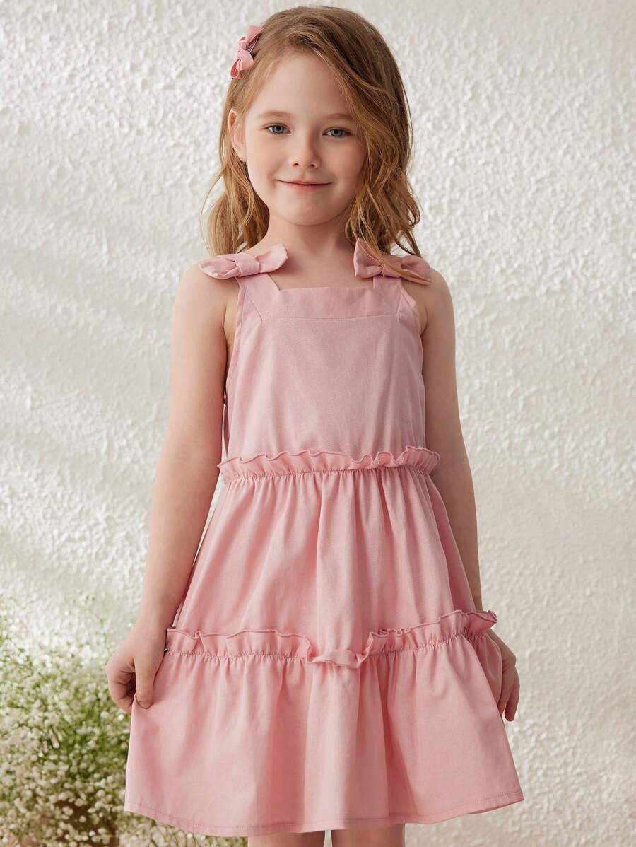 Blossori 年轻女孩法式优雅粉色蝴蝶结编织方领连衣裙，春夏 - 紅色 - 查看 1