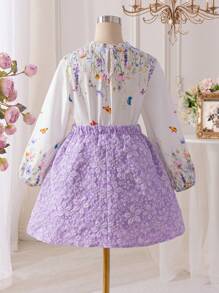 SHEIN Tween Girls Fashionable Jacquard Puff Sleeve Top Paired With Jacquard Mini Skirt, Suitable For Spring/Summer Casual, Party, Gathering To Showcase Tween Girl's Innocent, Stylish And Elegant Elegant