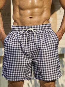 Surfspeed Men's Plaid Print Drawstring Waist Loose Beach Shorts  Men Swim Trunks - Black and White - View 5