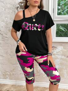 SHEIN LUNE Plus Size Camouflage Print Slogan Cutout Shoulder Camisole Top And Skinny Leggings Set, 2pcs - Hot Pink - View 6