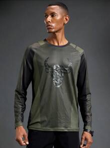 Coreblaze Men's Round Neck Raglan Sleeve Bull Print Athletic T-Shirt - Multicolor - View 1