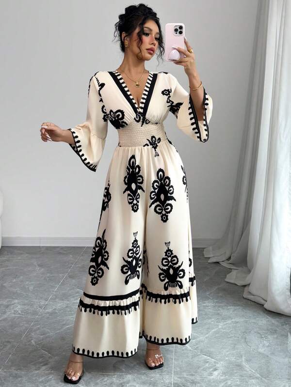 Elenzga Women's Casual Holiday Random Print Flare Sleeve Jumpsuit