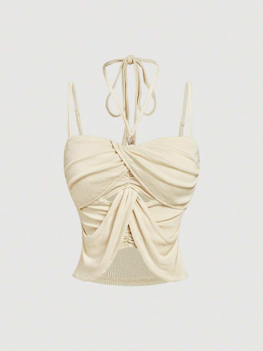 SHEIN MOD Blusa com decote halter e franzido em damasco, blusas para sair, blusas para férias de verão, carnaval, Y2K, elegante - Damasco - Ver 1