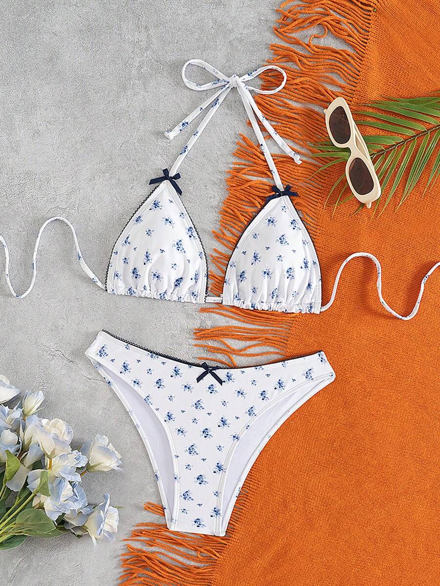 Swim Mod Women's Romantic Holiday Cute Blue & White Porcelain Ditsy Floral Print Triangle Bikini Set , For Summer Beach Vacation - Multicolor - View 1