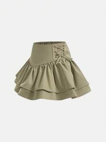 SHEIN Girlism Chân váy hai lớp dáng suông cho bé gái, có bèo nhún ở gấu và dây buộc bên hông, rất phù hợp để mặc thường ngày, đi học vào mùa thu và đông, mẹ và con gái có thể mặc ton sur ton, chị em gái có thể mặc ton sur ton. - màu xanh lá - Xem 6