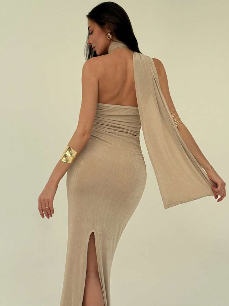 Aloruh Elegant One-Shoulder Ruffle Design Slim Pleated Long Straight Evening Dress - Apricot - View 3