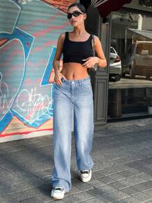 RueChic 100% 纯棉复古低腰皮革贴片阔腿牛仔裤