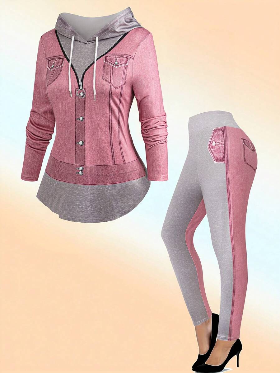 EMERY ROSE Plus Size Women Denim Hoodie Top And Pants 2 Pieces Set - Multicolor - View 1