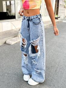 SHEIN Teen Girls Y2K Low Rised Rave 90s Ligh Washed Street Slant Pocket Ripped Cut Out Baggy Straight Leg Jeans,Vacation Outfits Girls - Light Wash - View 5